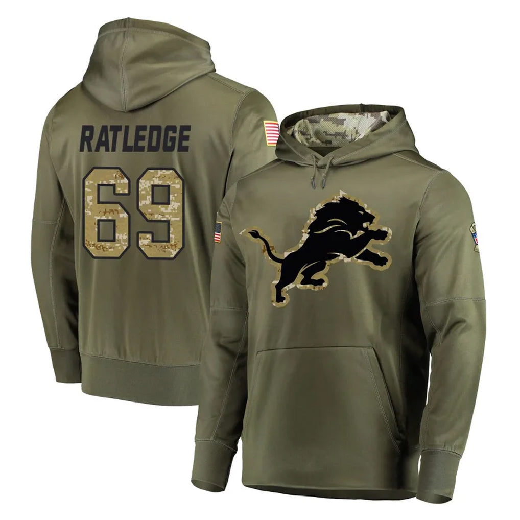 Rebec D.Lions #69 Tate Ratledge Player Olive Salute to Service Pullover Hoodies Home Game Stitched Jerseys