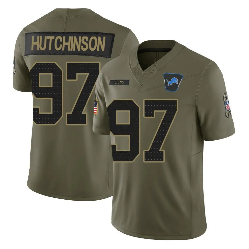 Rebec D.Lions #97 Aidan Hutchinson Player Olive 2025 Salute To Service Limited Home Game Stitched Jerseys
