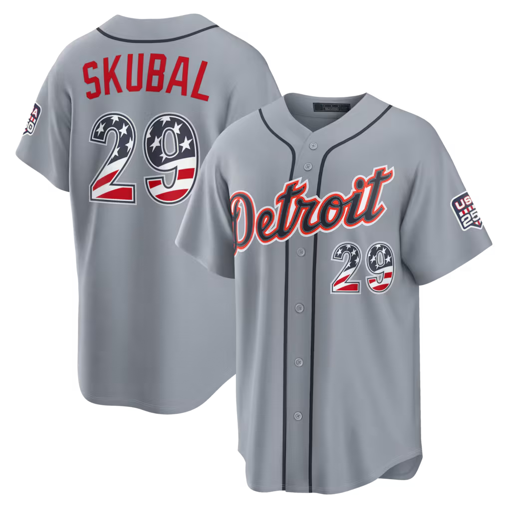Rebec D.Tigers #29 Tarik Skubal Gray USA 250 Fourth of July Road Stadium Jersey