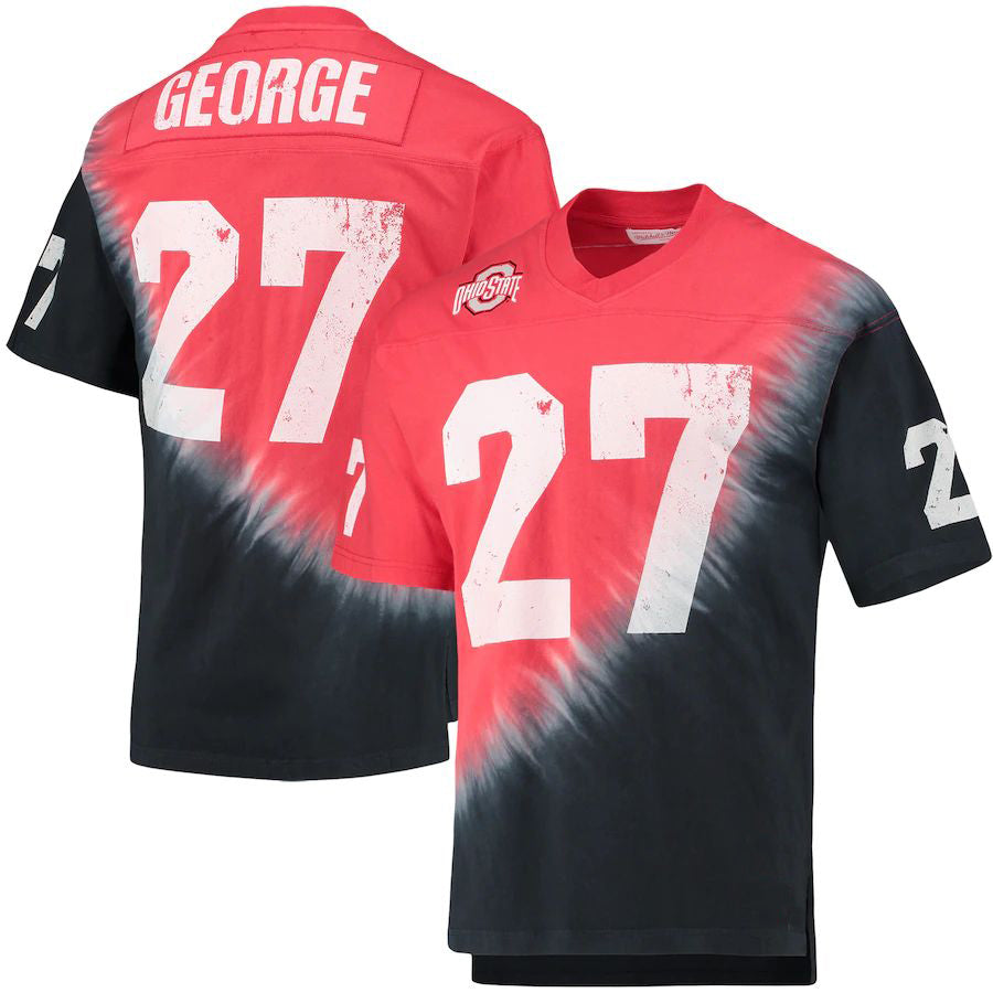 Rebec O.State Buckeyes #27 Eddie George Mitchell & Ness Name & Number Tie-Dye V-Neck T-Shirt  Black Scarlet Football Jersey Stitched American College Jerseys