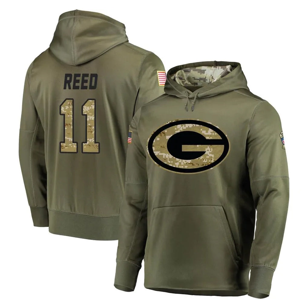 Rebec GB.Packers #11 Jayden Reed Player Olive Salute to Service Pullover Hoodies Home Game Stitched Jerseys