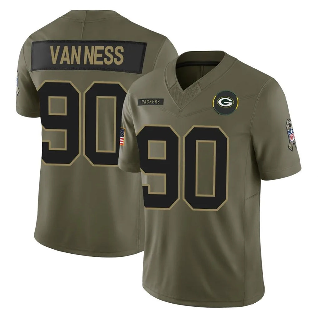 Rebec GB.Packers #90 Lukas Van Ness Player Olive 2025 Salute To Service Limited Home Game Stitched Jerseys