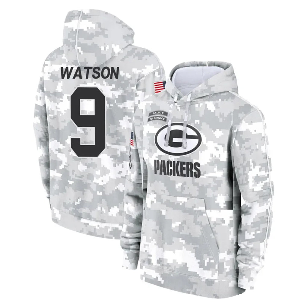 Rebec GB.Packers #9 Christian Watson Player Arctic Camo Salute to Service Hoodies Limited Game Stitched Jerseys