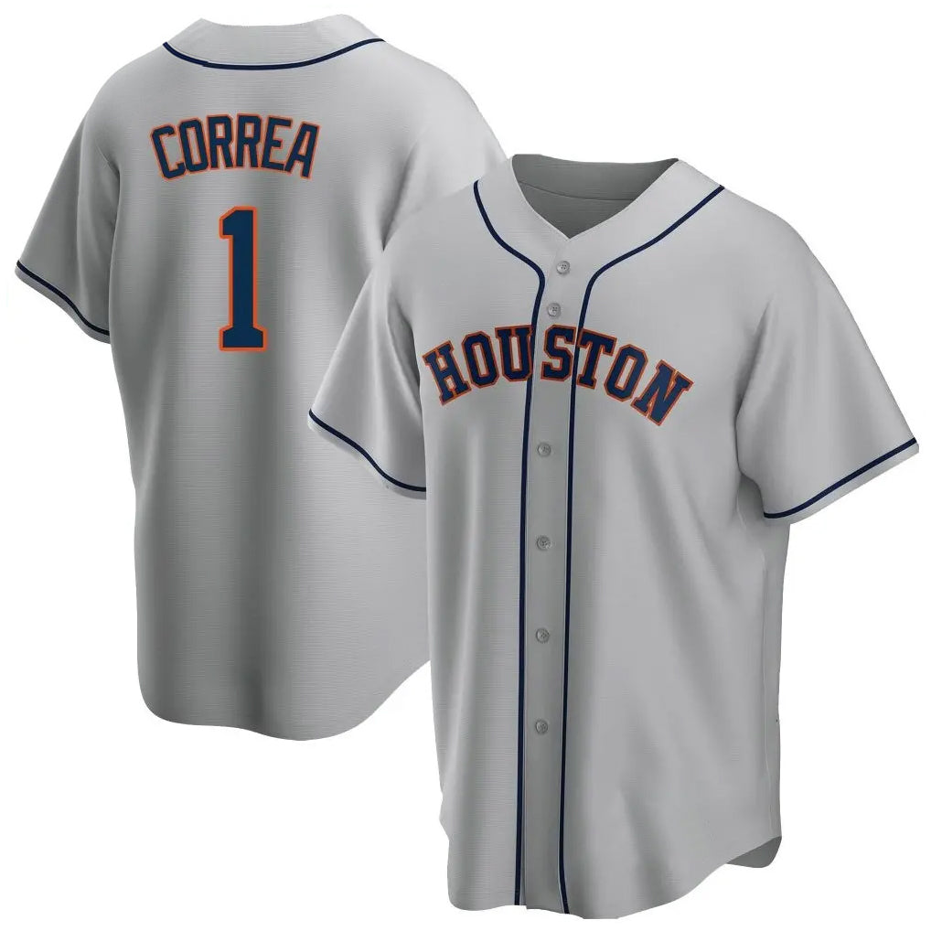 Rebec H.Astros #1 Carlos Correa Player Gray Home Game Stitched Jerseys