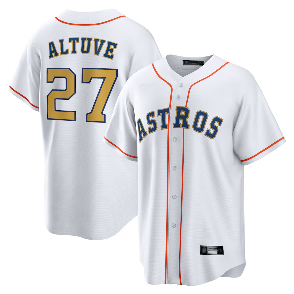 Rebec H.Astros #27 Jose Altuve Player White Gold Collection Game Home Stitched Jerseys