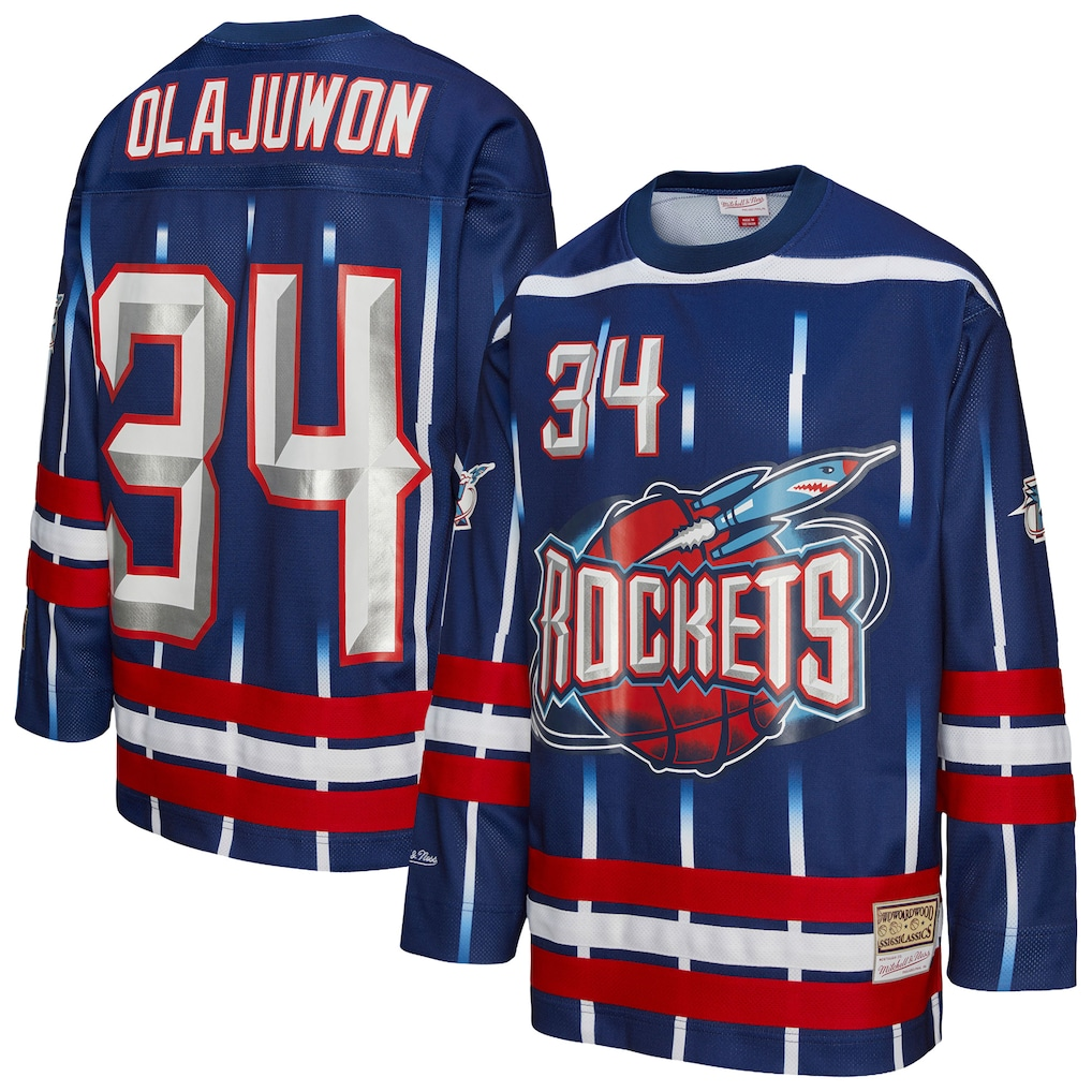 Rebec H.Rockets #34 Hakeem Olajuwon Mitchell & Ness Navy Maxxed Out Fashion Hockey Stitched Jerseys