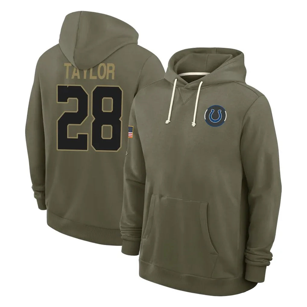 Rebec IN.Colts #28 Jonathan Taylor Player Olive Salute to Service Pullover Hoodies Limited Stitched Jerseys