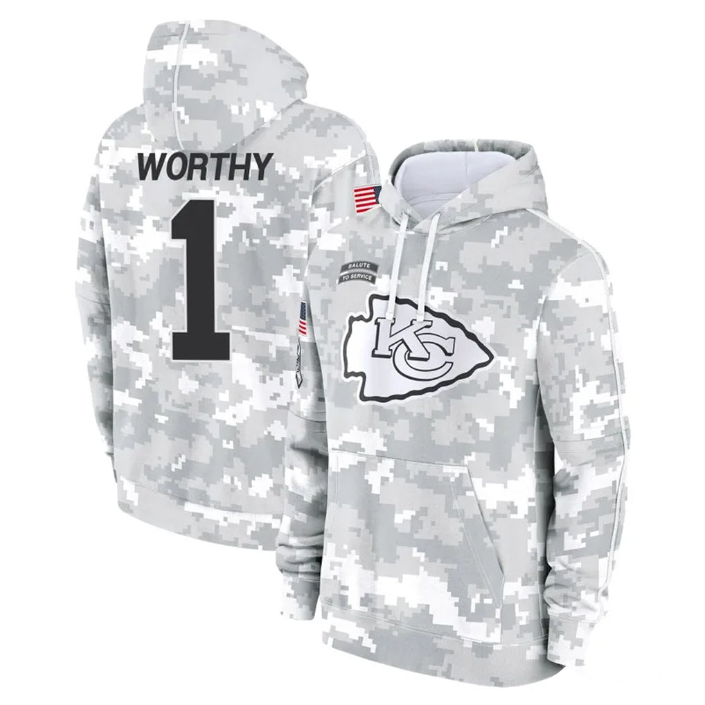 Rebec KC.Chiefs #1 Xavier Worthy Player Arctic Camo Salute to Service Hoodies Limited Game Stitched Jerseys