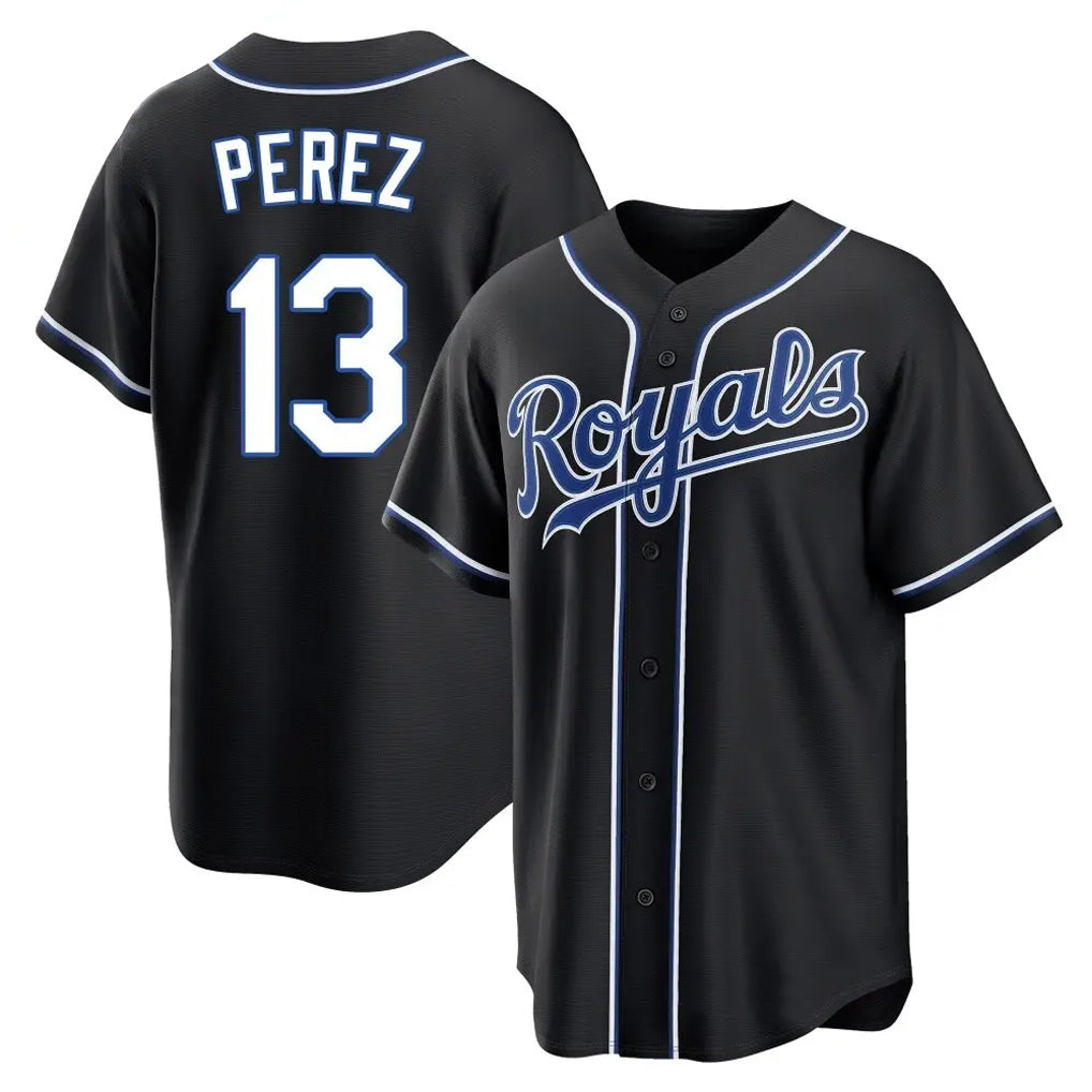 Rebec KC.Royals #13 Salvador Perez Player Black Carbon Fashion Home Game Stitched Jerseys