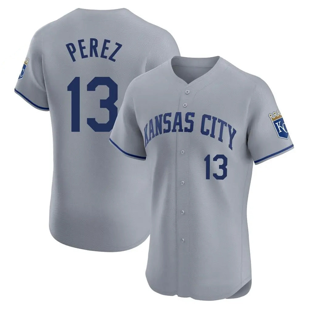 Rebec KC.Royals #13 Salvador Perez Player Gray Limited Elite Home Stitched Jerseys