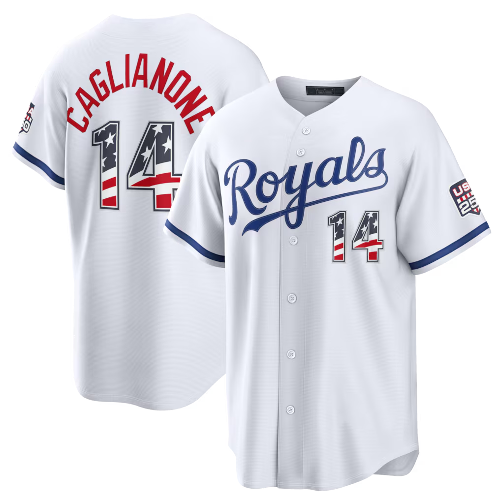 Rebec KC.Royals #14 Jac Caglianone White USA 250 Fourth of July Home Stadium Stitched Jersey