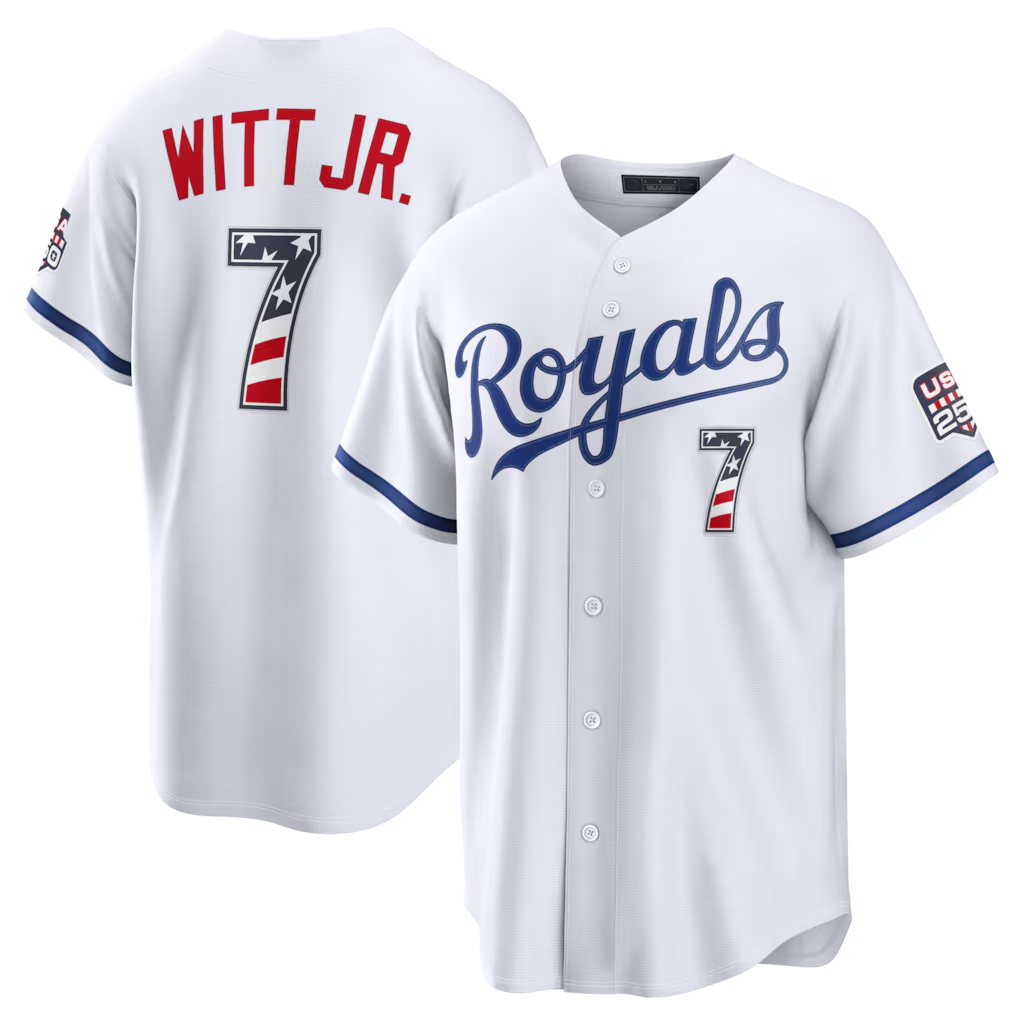 Rebec KC.Royals #7 Bobby Witt Jr. White USA 250 Fourth of July Home Stadium Stitched Jersey