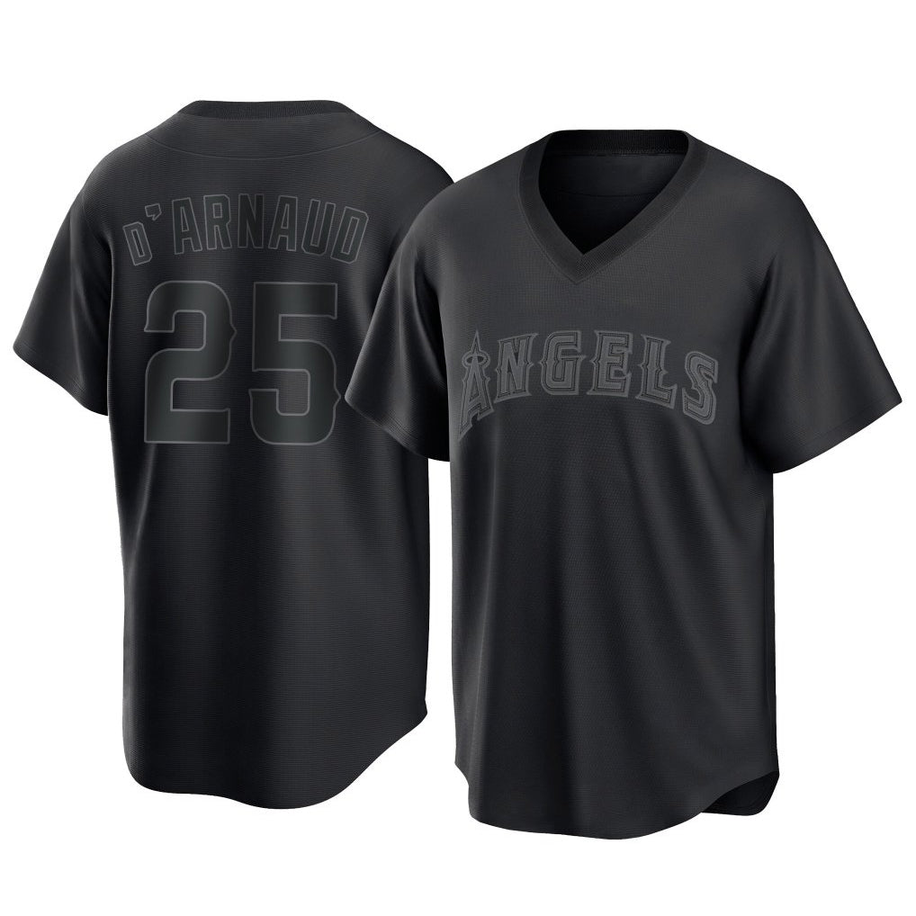 Rebec LA.Angels #25 Travis d'Arnaud Player Black Pitch Fashion T-shirt Stitched Jerseys