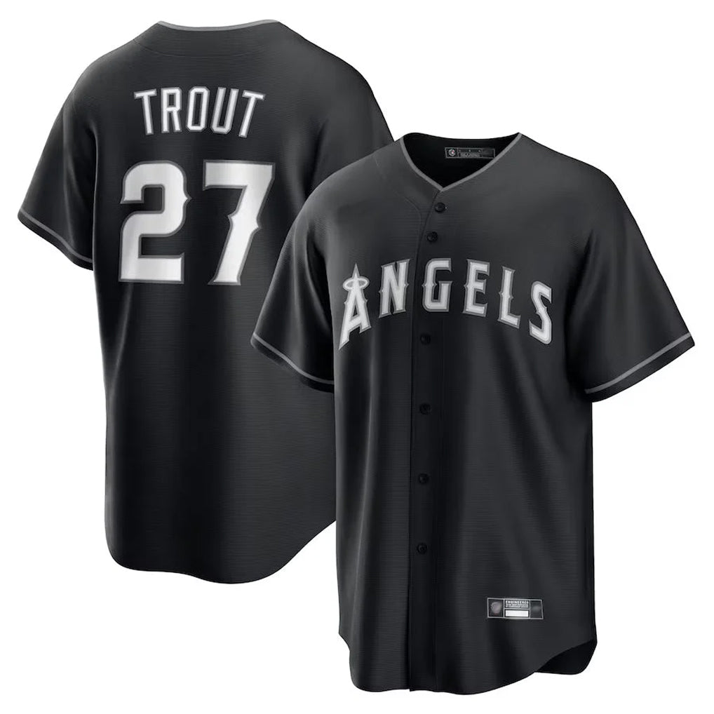 Rebec LA.Angels #27 Mike Trout Player Black Lights Out Fashion T-shirt Stitched Jerseys