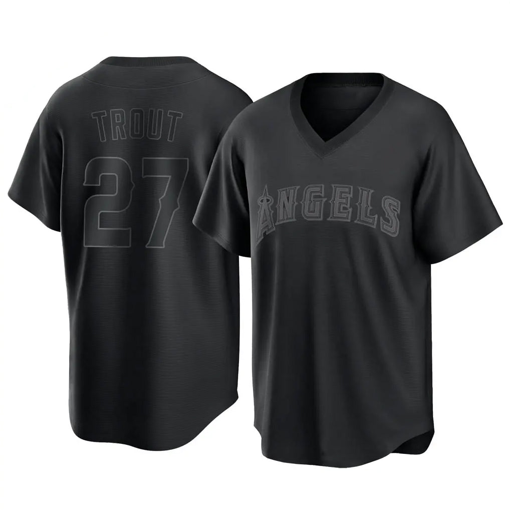 Rebec LA.Angels #27 Mike Trout Player Black Pitch Fashion T-shirt Stitched Jerseys