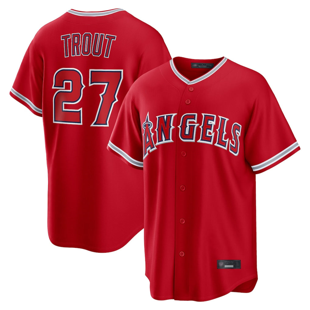 Rebec LA.Angels #27 Mike Trout Player Red Home Game Stitched Jerseys