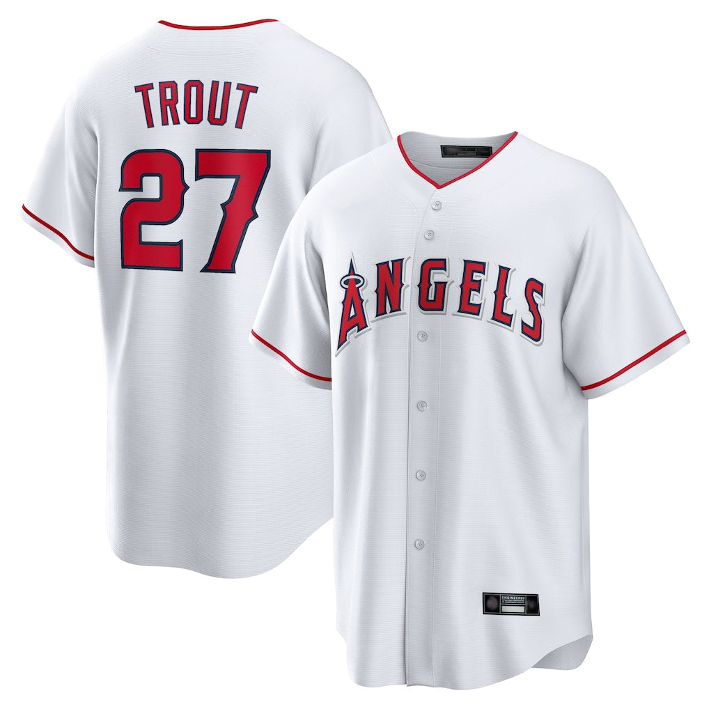Rebec LA.Angels #27 Mike Trout Player White Home Game Stitched Jerseys