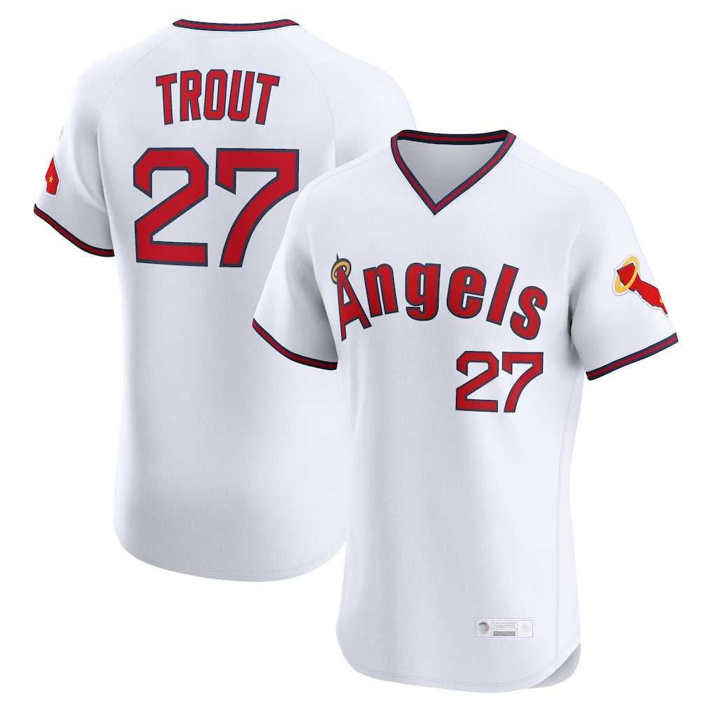 Rebec LA.Angels #27 Mike Trout Player White T-shirt Home Limited Elite Stitched Jerseys