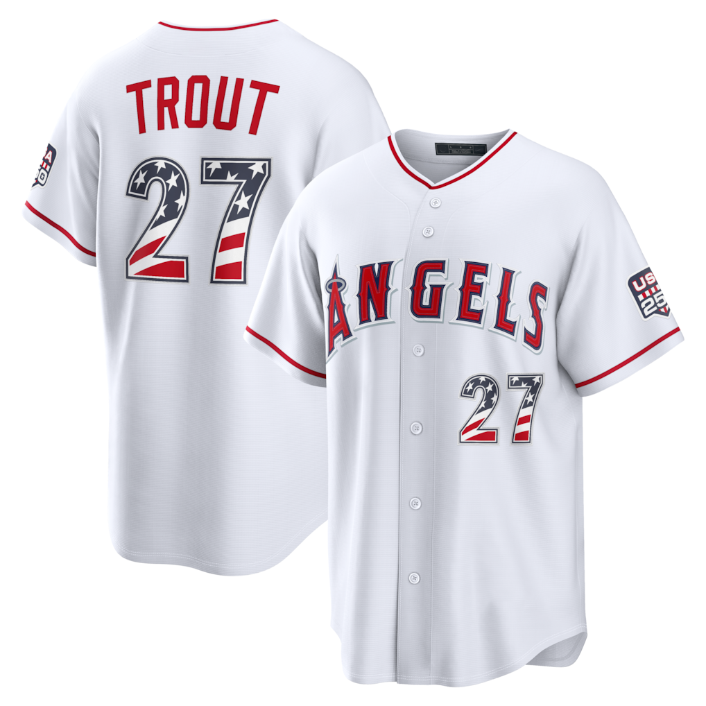 Rebec LA.Angels #27 Mike Trout White USA 250 Fourth of July Home Stadium Stitched Jersey