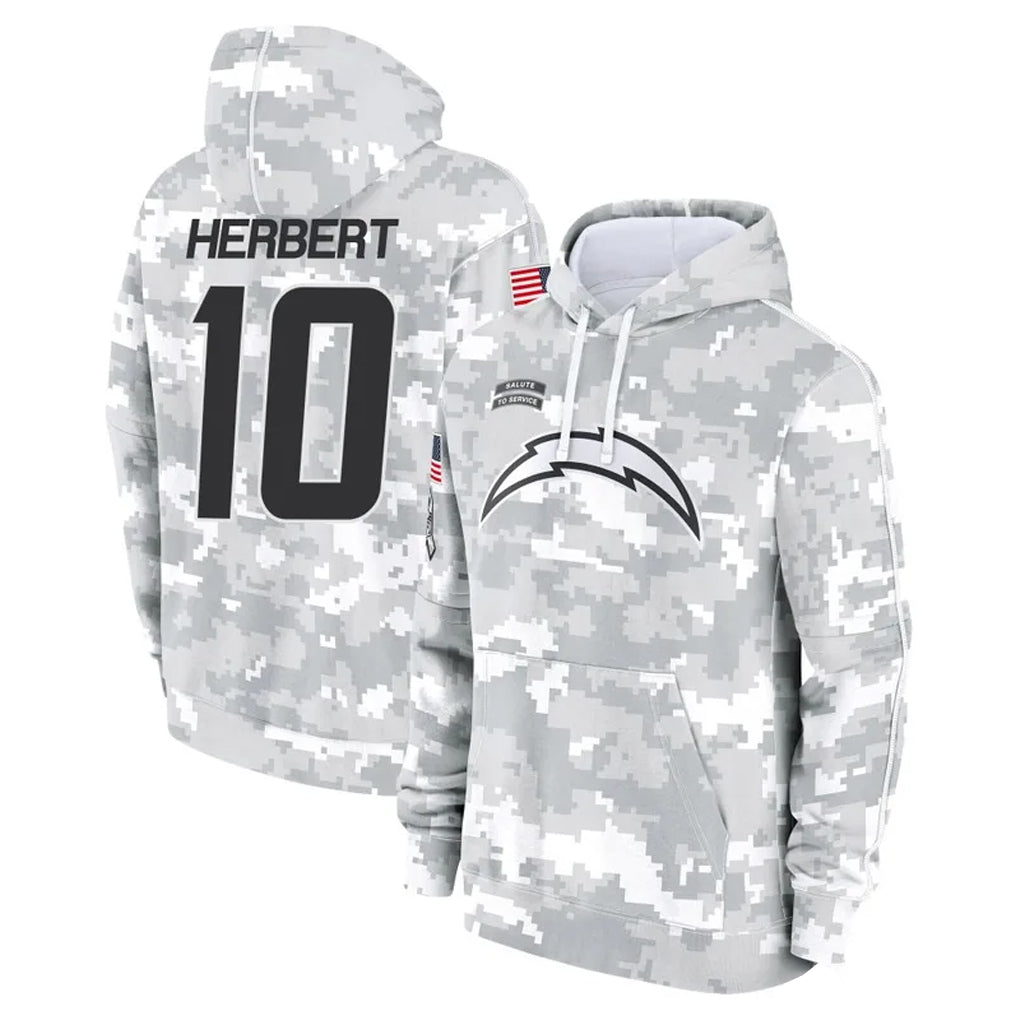 Rebec LA.Chargers #10 Justin Herbert Player Arctic Camo Salute to Service Hoodies Limited Game Stitched Jerseys