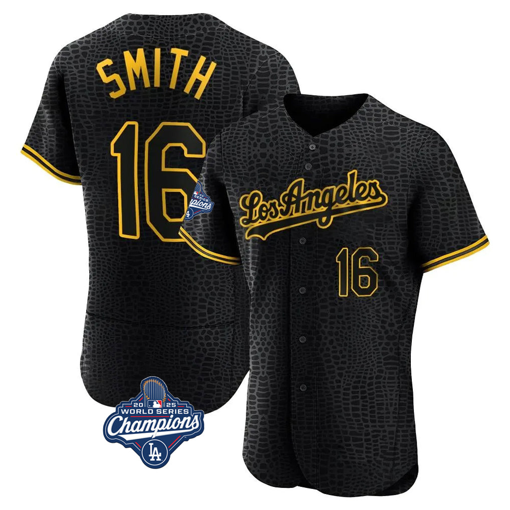 Rebec LA.Dodgers #16 Will Smith Player Black World Series Meet Snake Skin City Limited Elite Home Stitched Jerseys