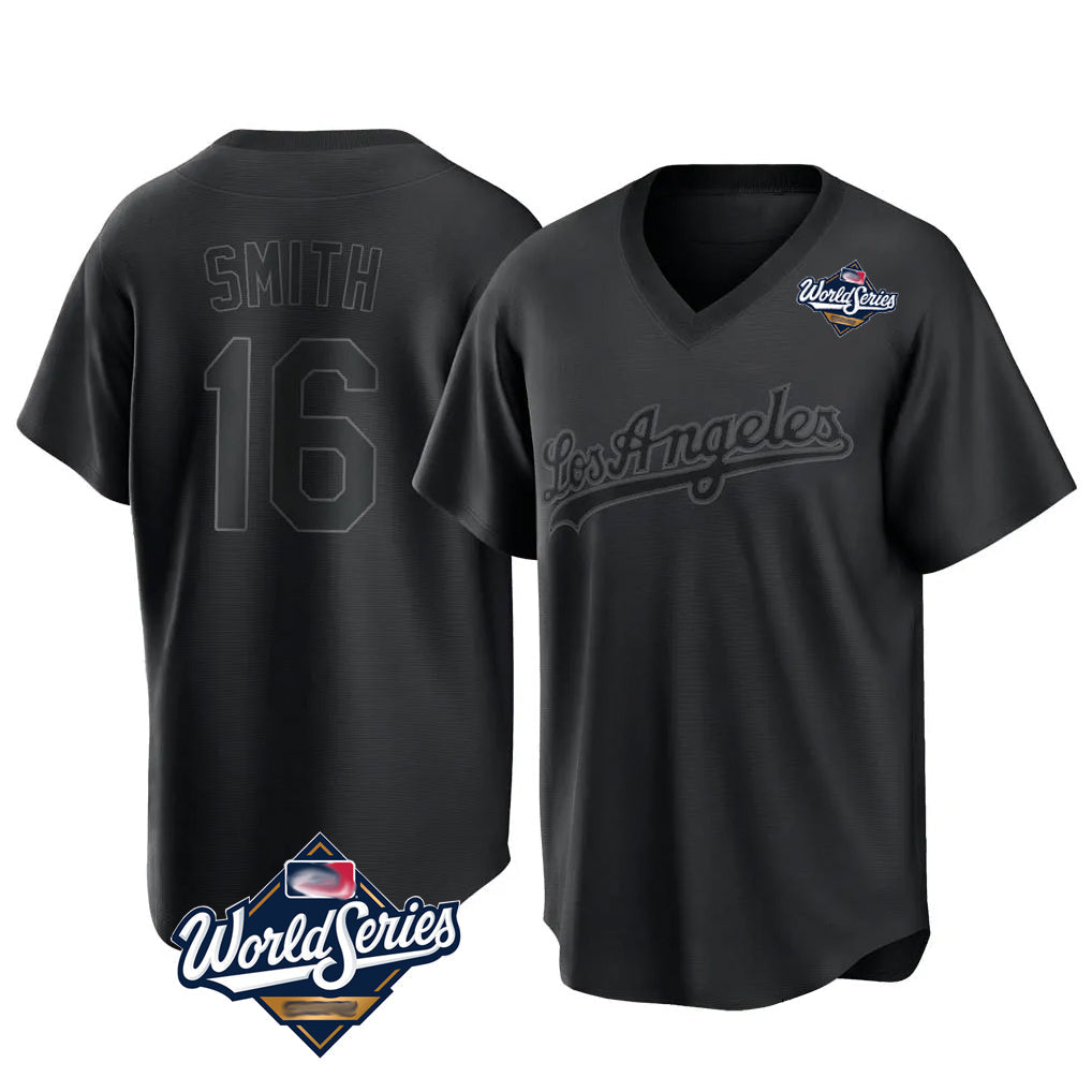 Rebec LA.Dodgers #16 Will Smith Player Black World Series Pitch Fashion T-shirt Stitched Jerseys