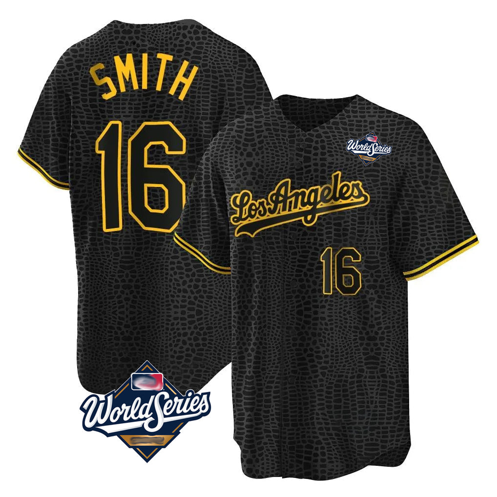 Rebec LA.Dodgers #16 Will Smith Player Black World Series Snake Skin City Game Home Stitched Jerseys