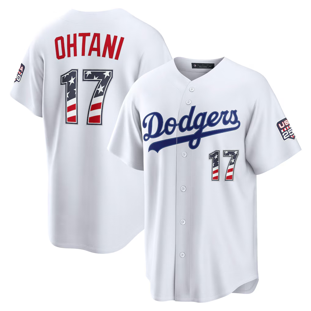 Rebec LA.Dodgers #17 Shohei Ohtani USA 250 Fourth of July Home Stadium Jersey - White