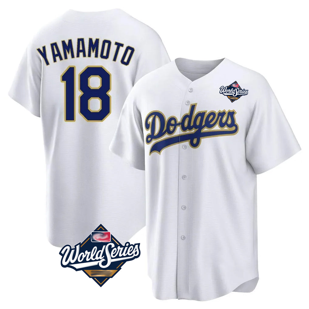 Rebec LA.Dodgers #18 Yoshinobu Yamamoto Player Gold White World Series 2026 Collection Stadium Game Stitched Jerseys