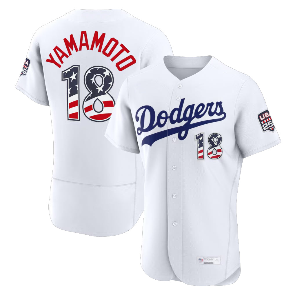 Rebec LA.Dodgers #18 Yoshinobu Yamamoto Player White USA 250 Fourth of July Limited Elite Home Game Stitched Jerseys