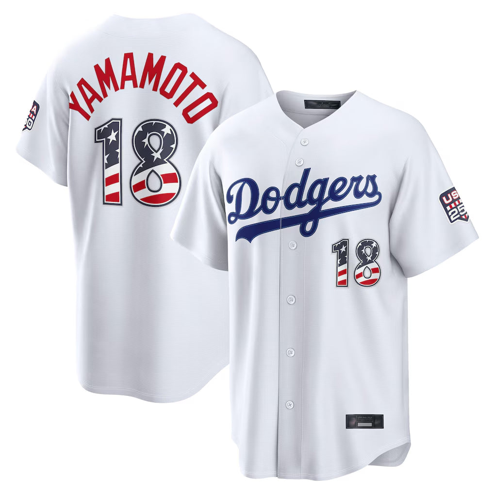 Rebec LA.Dodgers #18 Yoshinobu Yamamoto Player White USA 250 Fourth of July Limited Home Game Stitched Jerseys