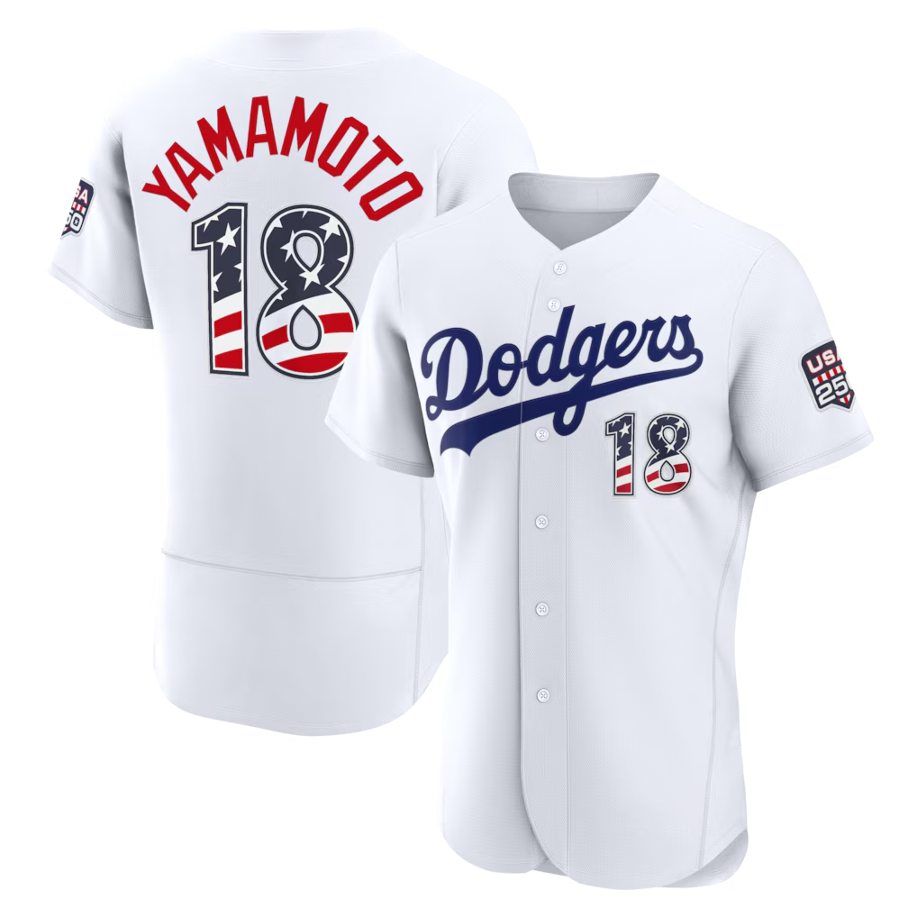 Rebec LA.Dodgers #18 Yoshinobu Yamamoto USA 250 Fourth of July Home Authentic Jersey - White