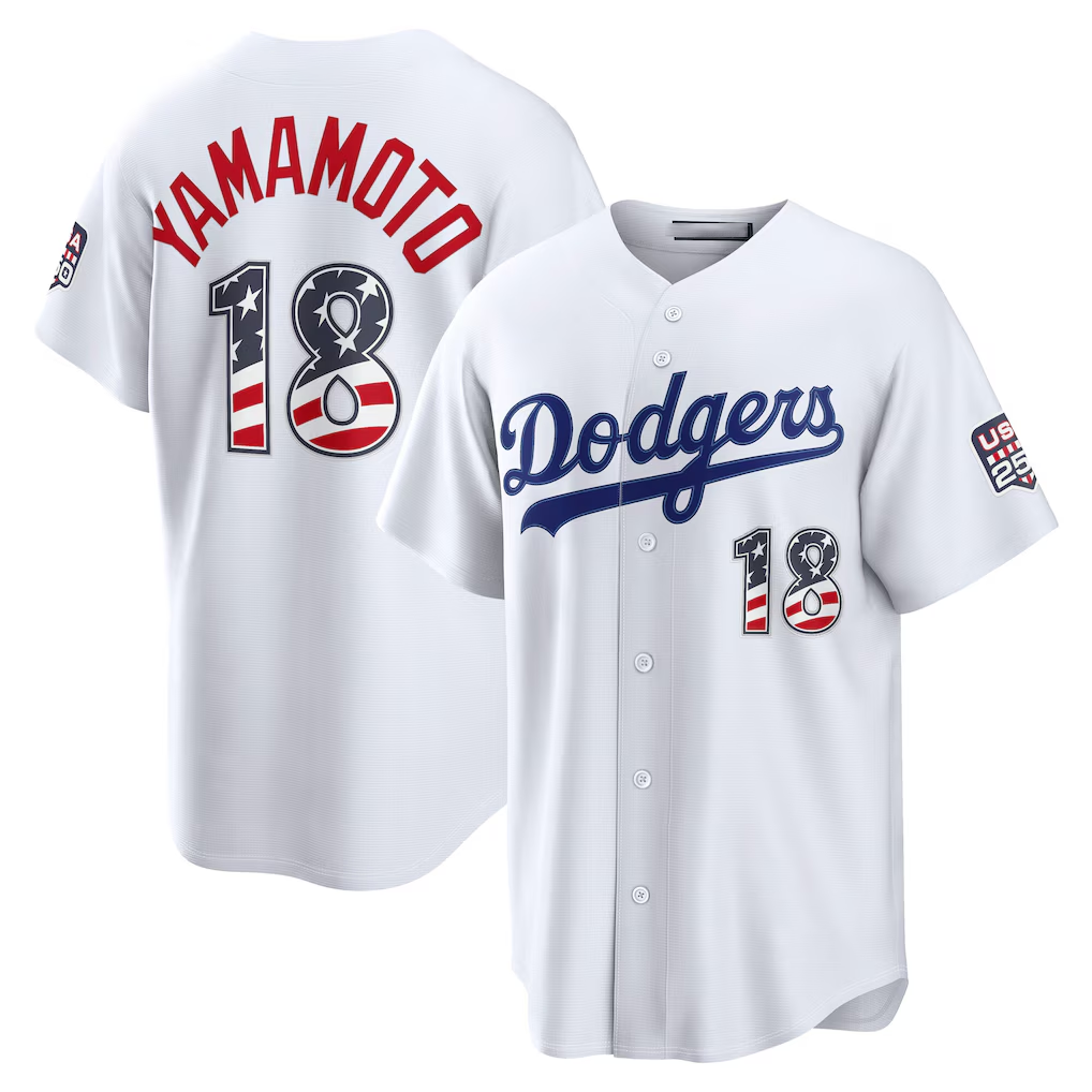 Rebec LA.Dodgers #18 Yoshinobu Yamamoto USA 250 Fourth of July Home Stadium Jersey - White