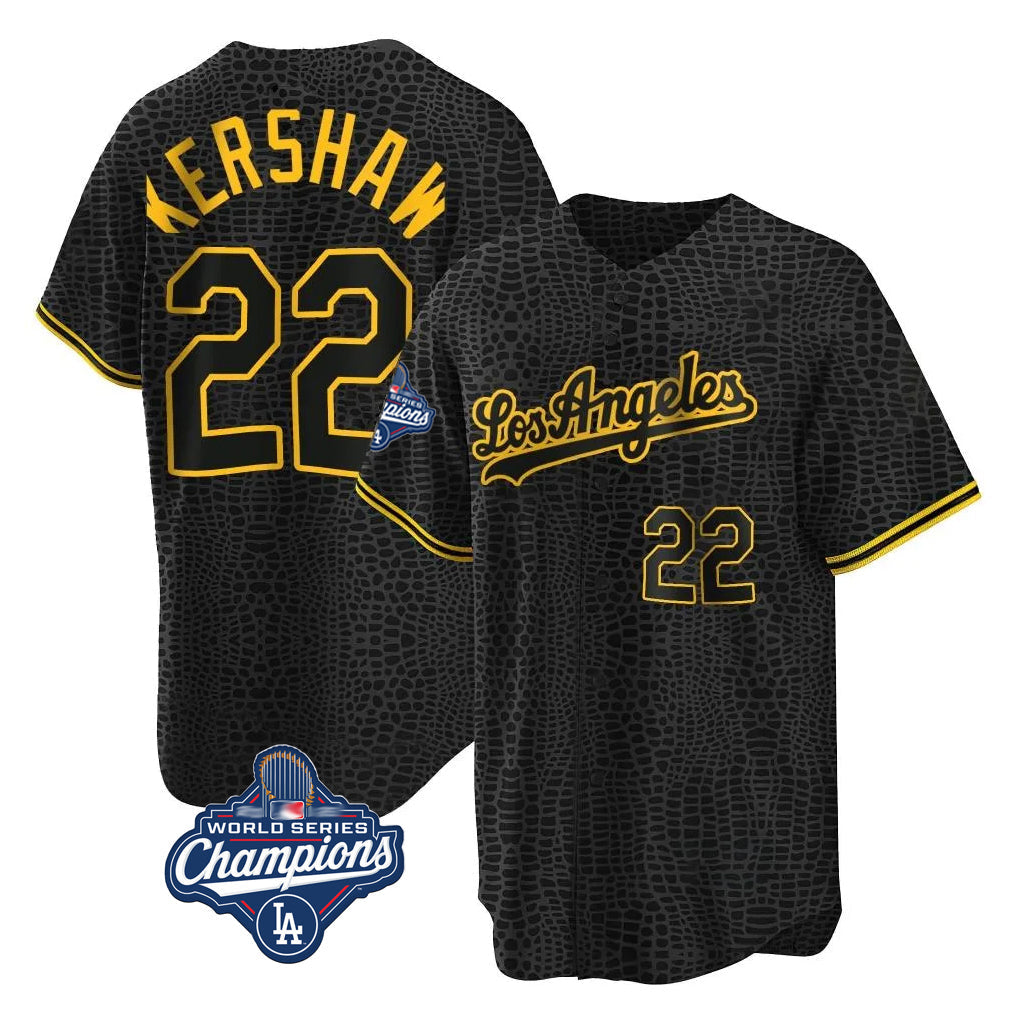Rebec LA.Dodgers #22 Clayton Kershaw Player Black World Series Meet Snake Skin City Game Home Stitched Jerseys