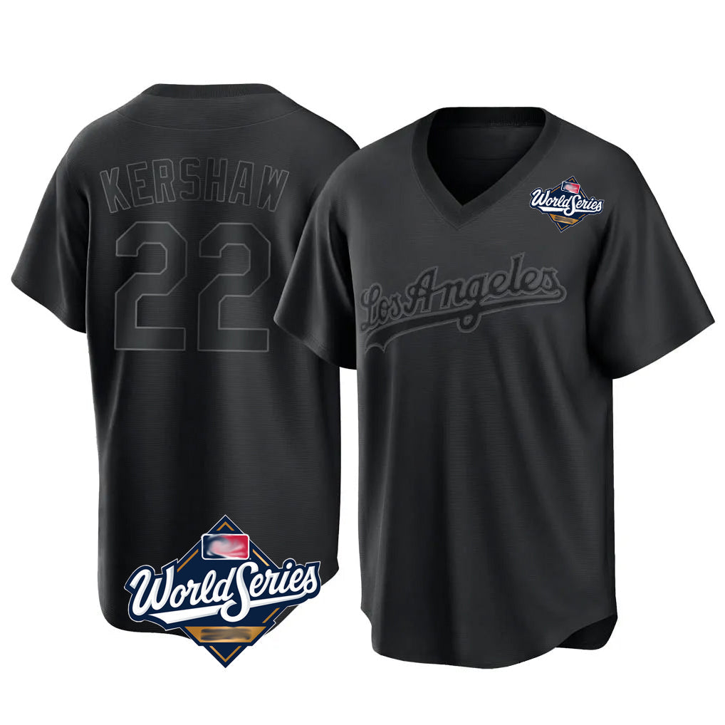 Rebec LA.Dodgers #22 Clayton Kershaw Player Black World Series Pitch Fashion T-shirt Stitched Jerseys