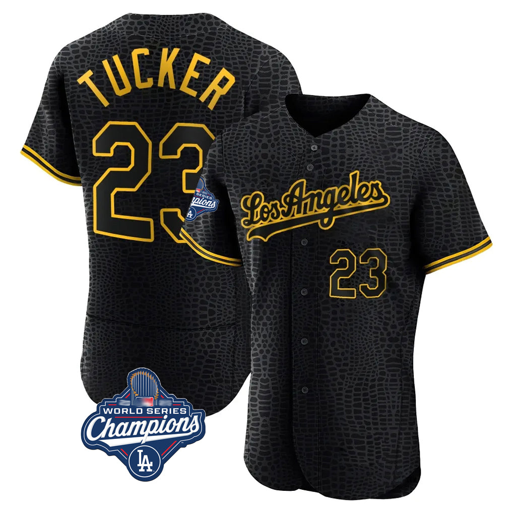 Rebec LA.Dodgers #23 Kyle Tucker Player Black World Series Meet Snake Skin City Limited Elite Home Stitched Jerseys