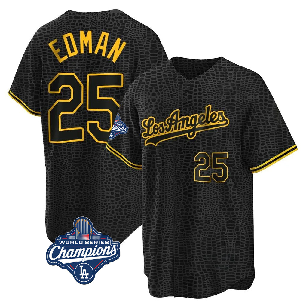 Rebec LA.Dodgers #25 Tommy Edman Player Black World Series Meet Snake Skin City Game Home Stitched Jerseys