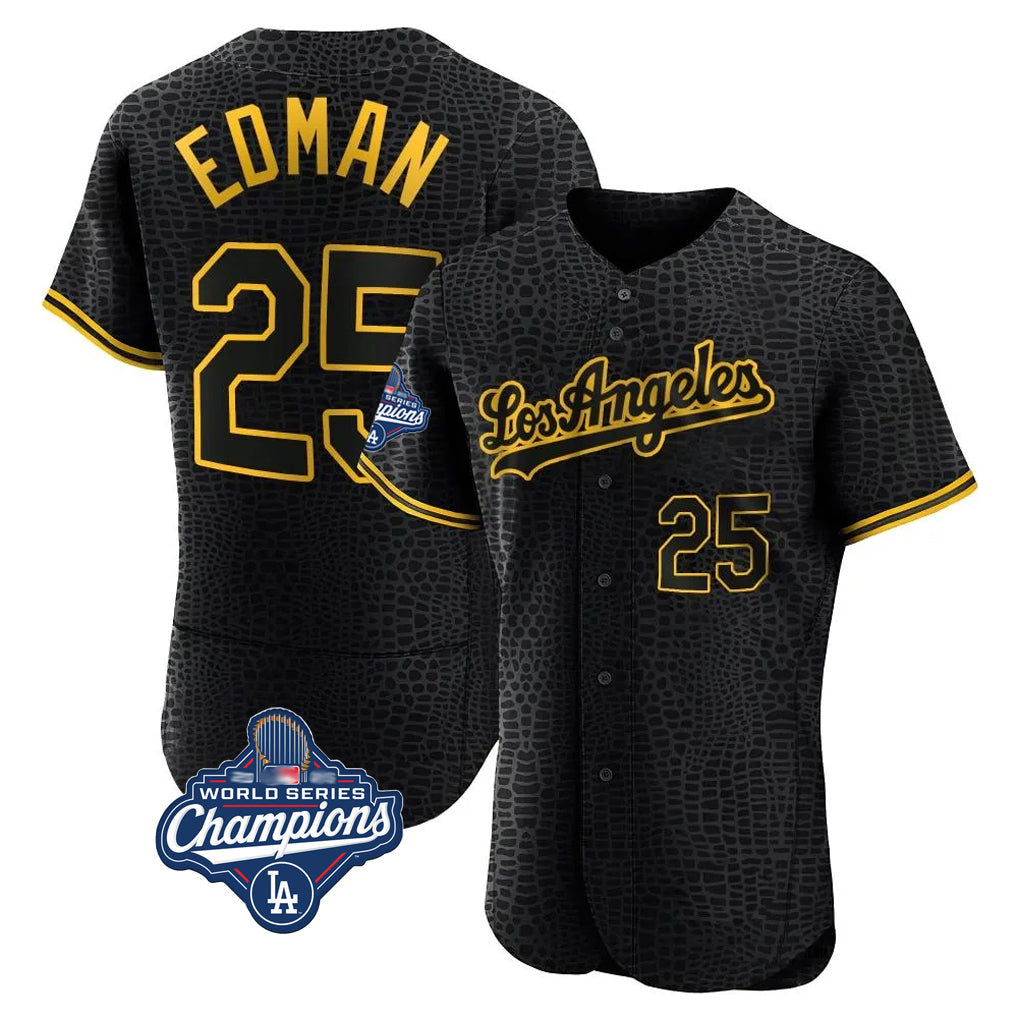 Rebec LA.Dodgers #25 Tommy Edman Player Black World Series Meet Snake Skin City Limited Elite Home Stitched Jerseys
