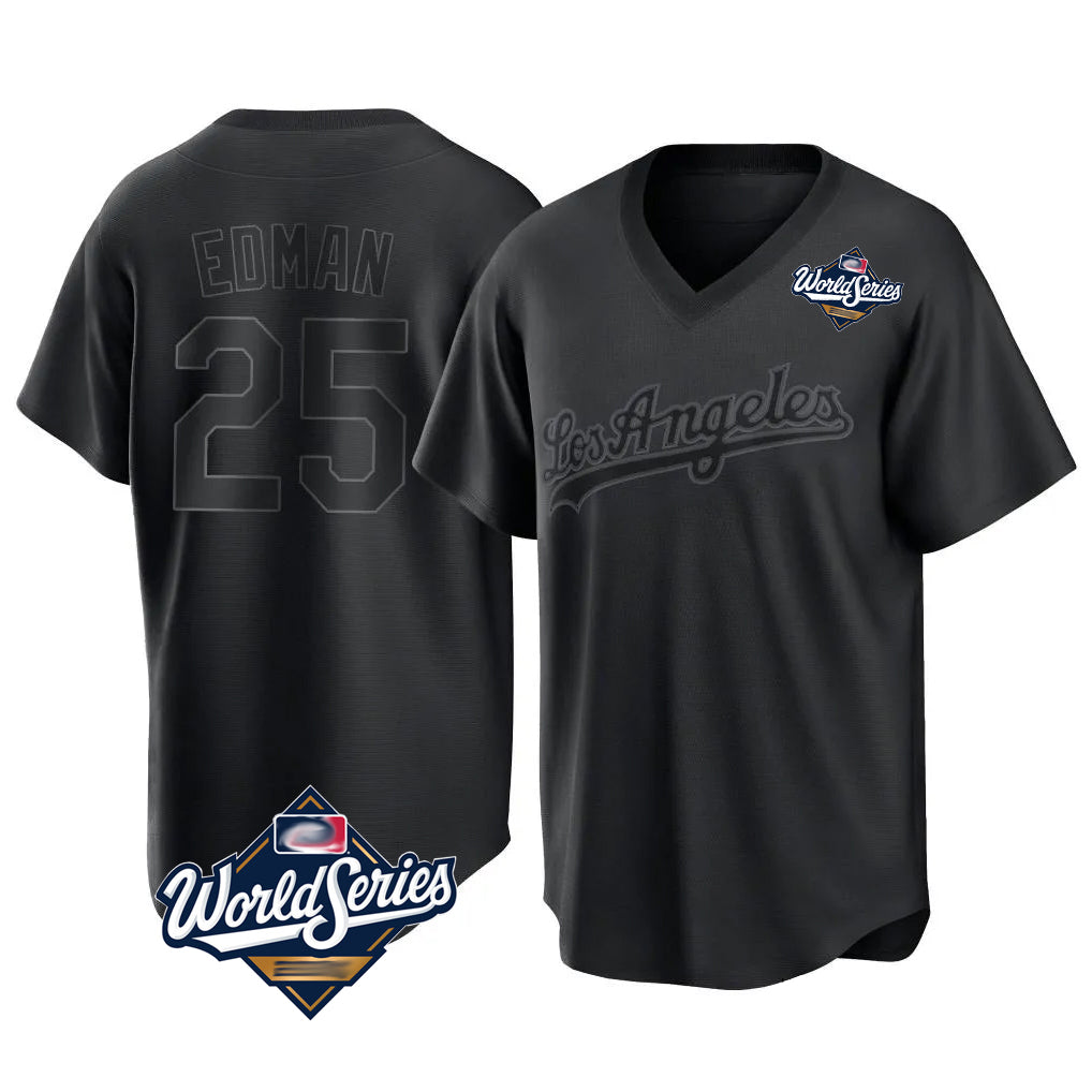 Rebec LA.Dodgers #25 Tommy Edman Player Black World Series Pitch Fashion T-shirt Stitched Jerseys