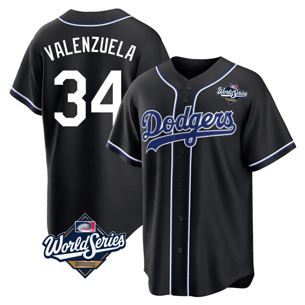Rebec LA.Dodgers #34 Fernando Valenzuela Player Black World Series Carbon Limited Home Stitched Jerseys
