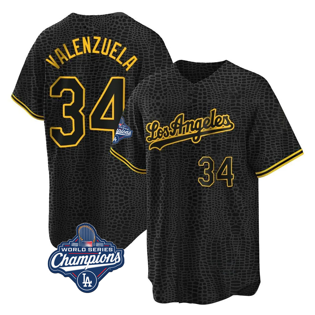 Rebec LA.Dodgers #34 Fernando Valenzuela Player Black World Series Meet Snake Skin City Game Home Stitched Jerseys