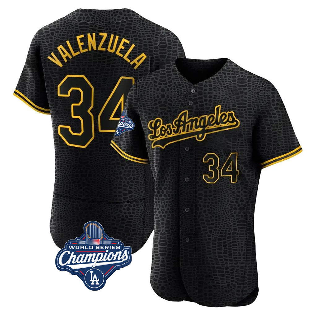 Rebec LA.Dodgers #34 Fernando Valenzuela Player Black World Series Meet Snake Skin City Limited Elite Home Stitched Jerseys