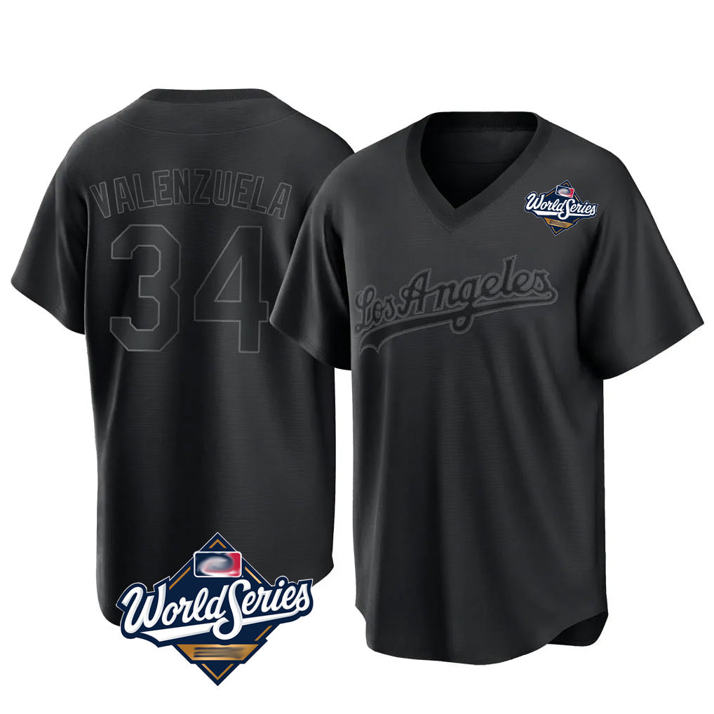 Rebec LA.Dodgers #34 Fernando Valenzuela Player Black World Series Pitch Fashion T-shirt Stitched Jerseys