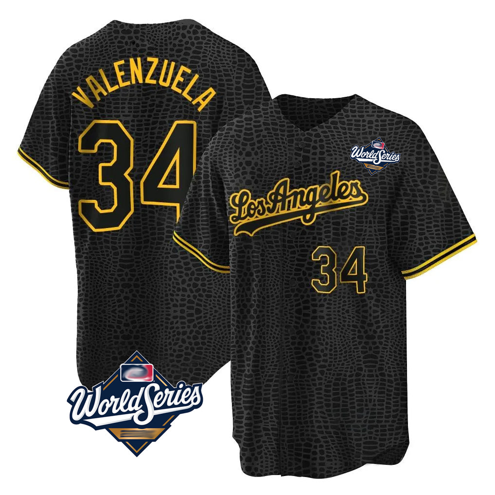 Rebec LA.Dodgers #34 Fernando Valenzuela Player Black World Series Snake Skin City Game Home Stitched Jerseys