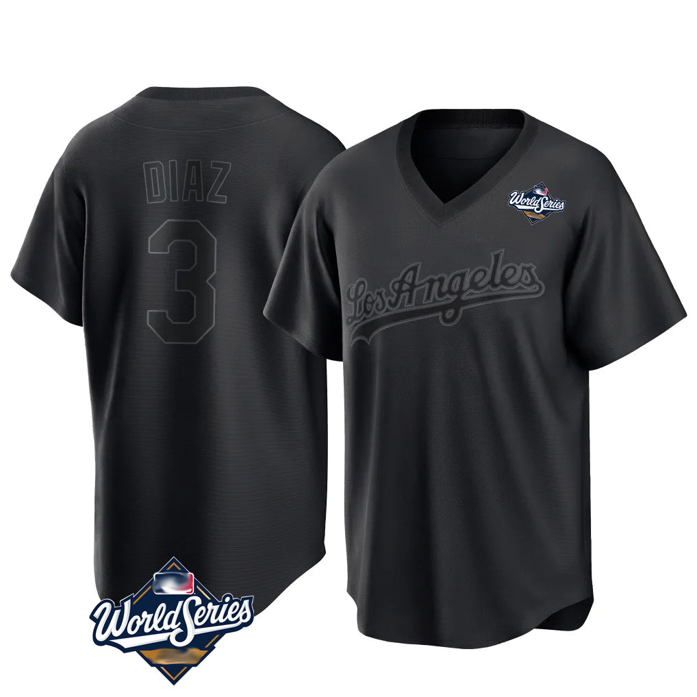 Rebec LA.Dodgers #3 Edwin D¨ªaz Player Black World Series Pitch Fashion T-shirt Stitched Jerseys