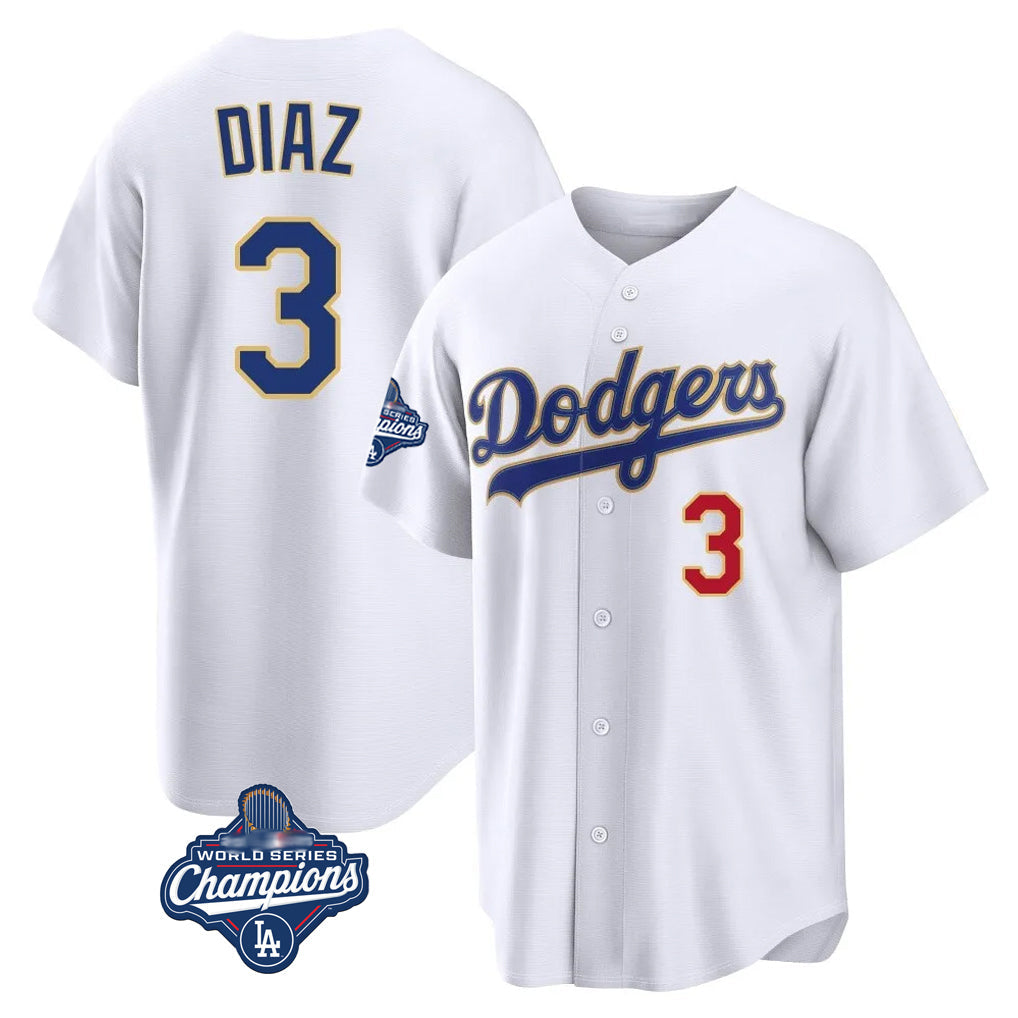 Rebec LA.Dodgers #3 Edwin D¨ªaz Player Gold White World Series Meet 2026 Collection Stadium Limited Stitched Jerseys