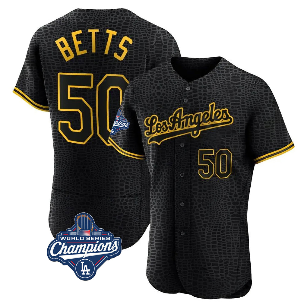 Rebec LA.Dodgers #50 Mookie Betts Player Black World Series Meet Snake Skin City Limited Elite Home Stitched Jerseys