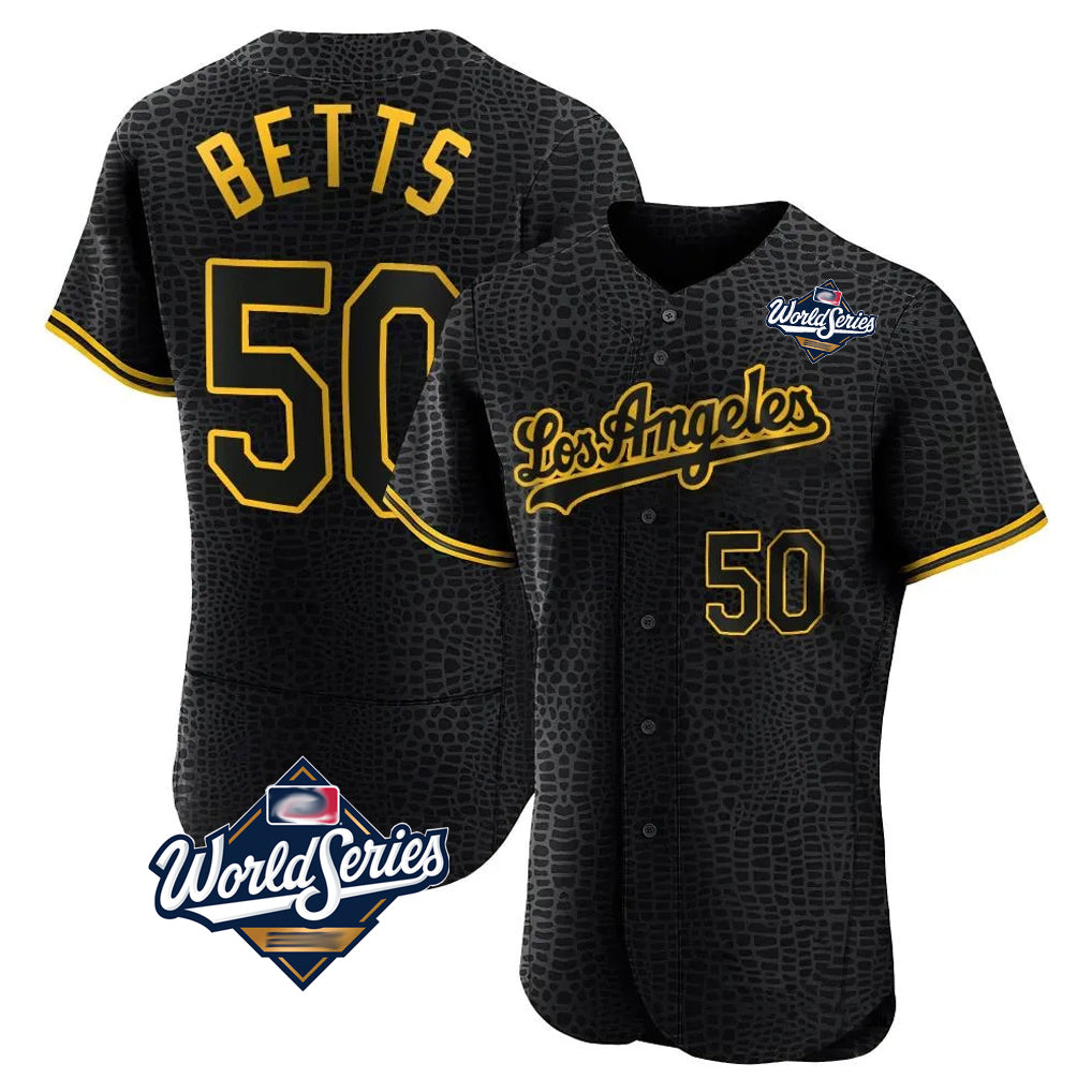 Rebec LA.Dodgers #50 Mookie Betts Player Black World Series Snake Skin City Limited Elite Home Stitched Jerseys