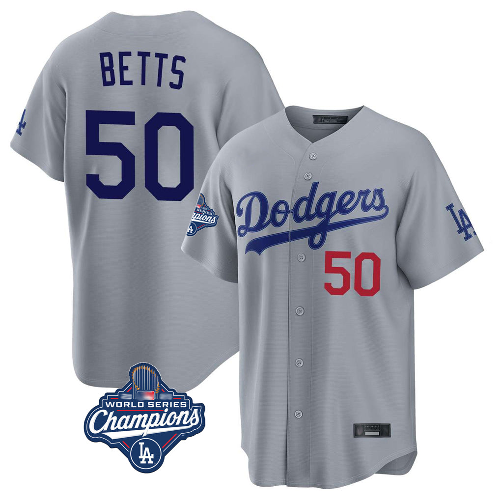 Rebec LA.Dodgers #50 Mookie Betts Player Gray World Series Meet Game Home Stitched Jerseys