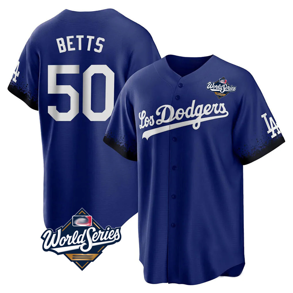 Rebec LA.Dodgers #50 Mookie Betts Player Royal World Series City Connect Home Game Stitched Jerseys